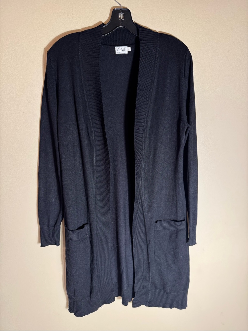 Cielo Women’s Long Open-Front Black Cardigan with Pockets